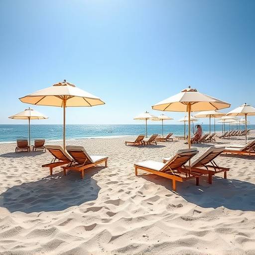 Chaises longues et parasols disposés sur le sable fin de la plage privée