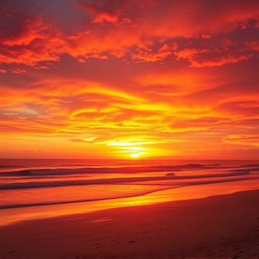 Coucher de soleil flamboyant sur la plage, illuminant le ciel de couleurs chaudes