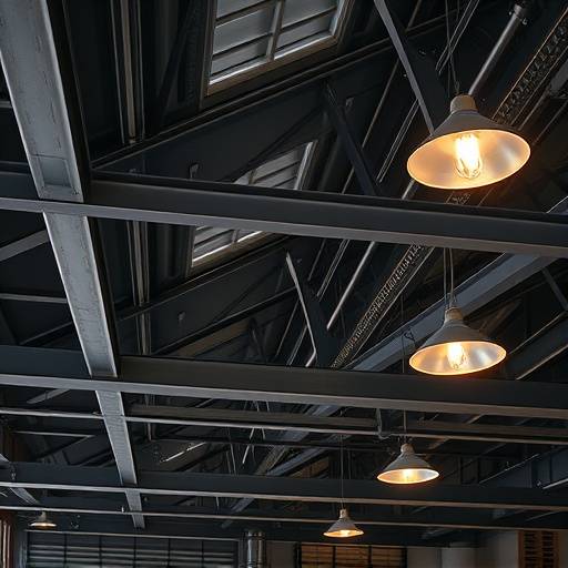 Détail des poutres métalliques et des luminaires industriels du loft