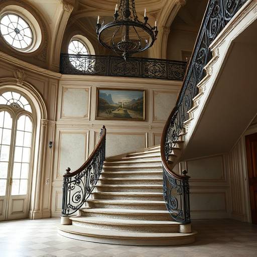 Escalier monumental du château de Valenäay, avec une rampe en fer forgé