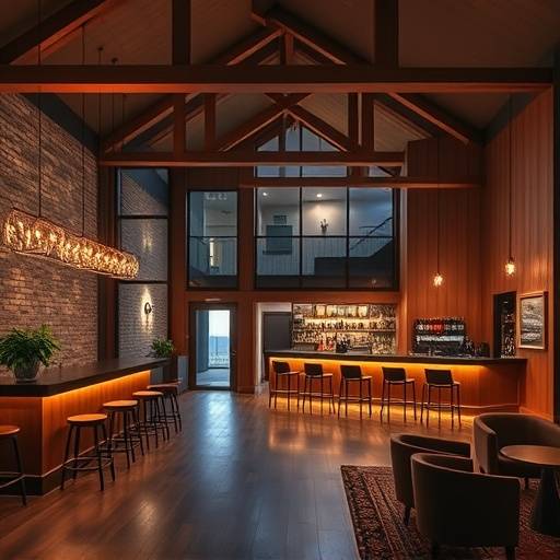 Espace de réception du loft avec bar et éclairage d'ambiance