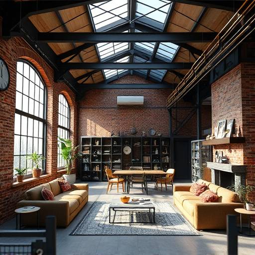 Intérieur du loft industriel, aménagement avec mobilier moderne et design